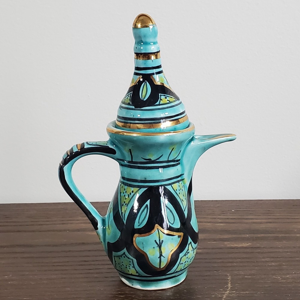 Artisanal Moroccan Ceramic Dallah Coffee Pot Turquoise‎ Gold Hand Painted Small